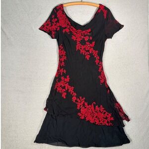 Eva Blue Cowl‎ Neck Tiered Dress Sz 14 Black Red Floral Print Stretch Whimsigoth